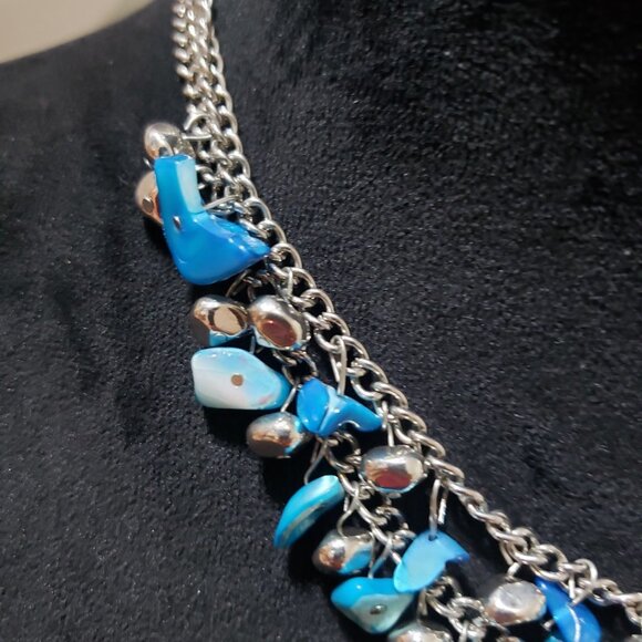 Womens Fashion Double Stranded  Silver Tone Chain Blue Beads Necklace with Lobst - Picture 6 of 6